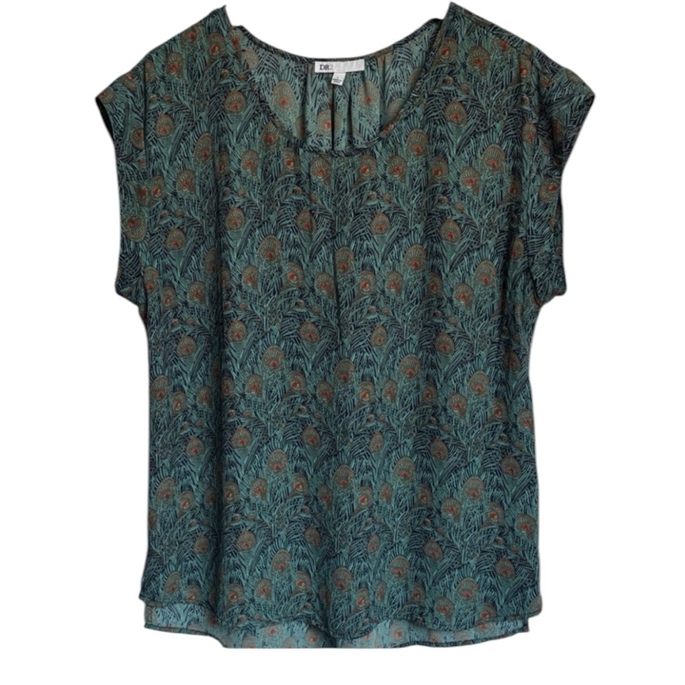 DR2 Teal Green and Brown Patterned polyester Blouse Large